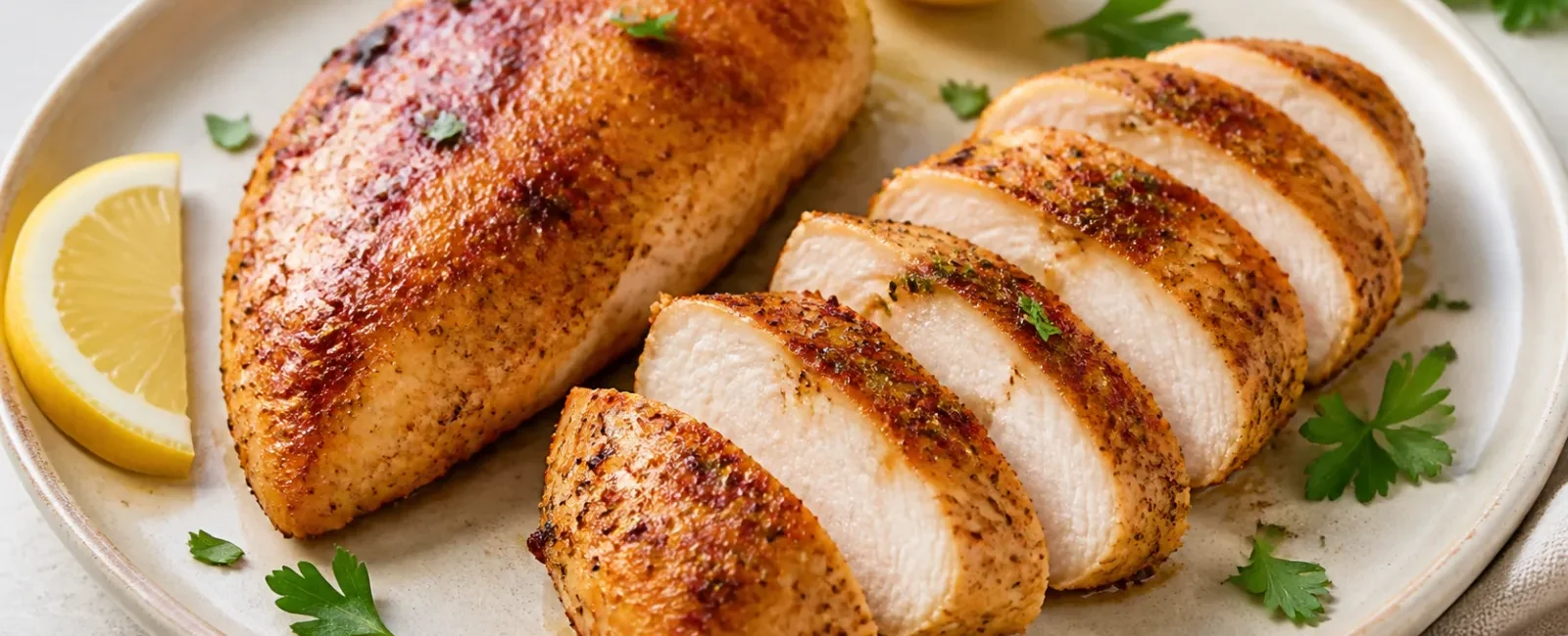 Juicy sliced air fryer chicken breast with golden herb seasoning, lemon and parsley