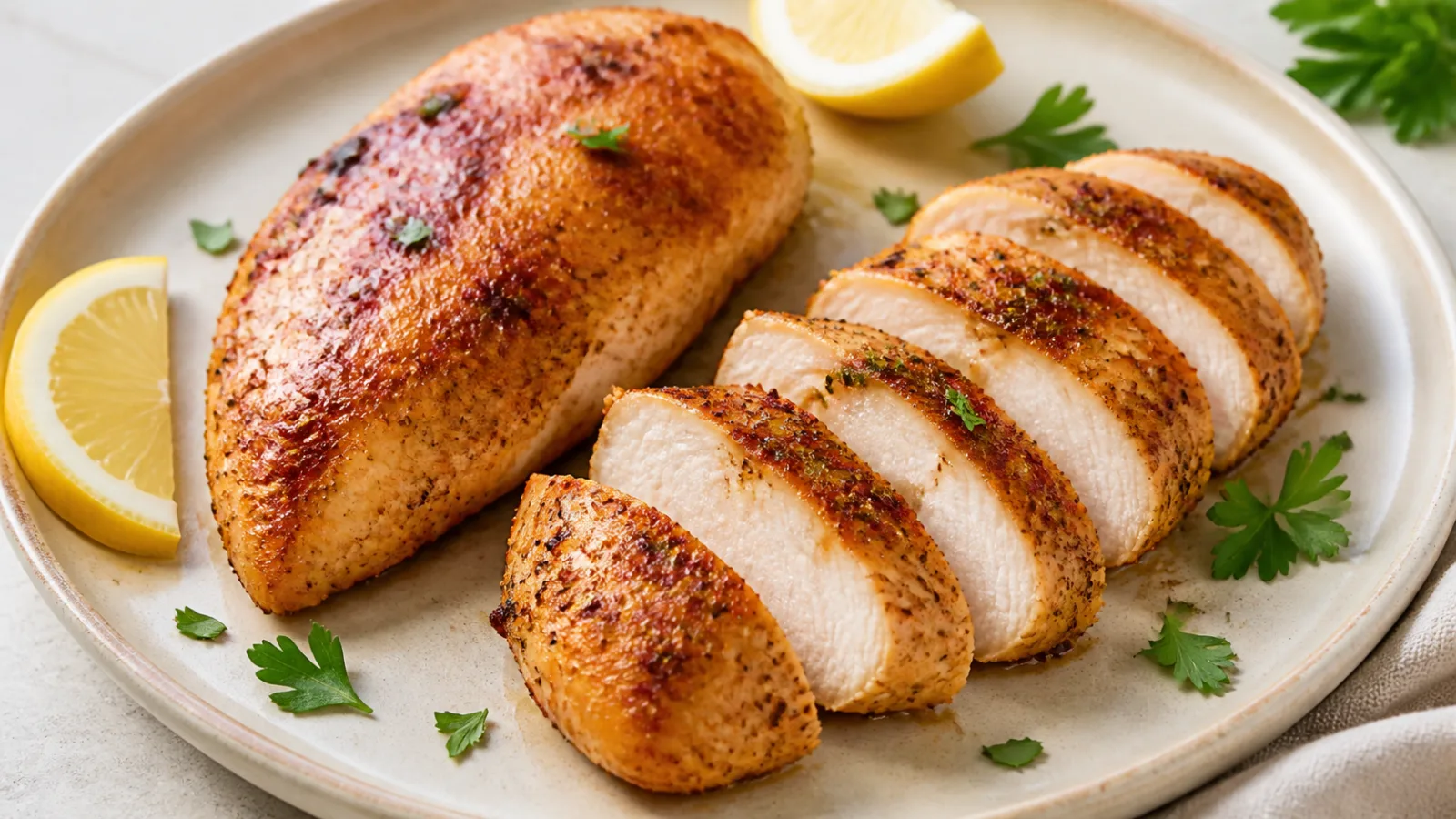 Golden herb-seasoned air fryer chicken breast sliced to show a juicy cooked center