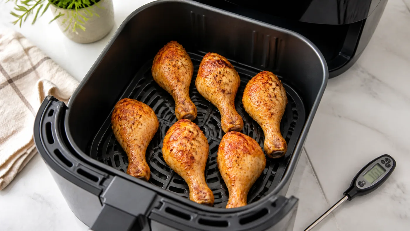 Chicken drumsticks spaced apart in an air fryer basket
