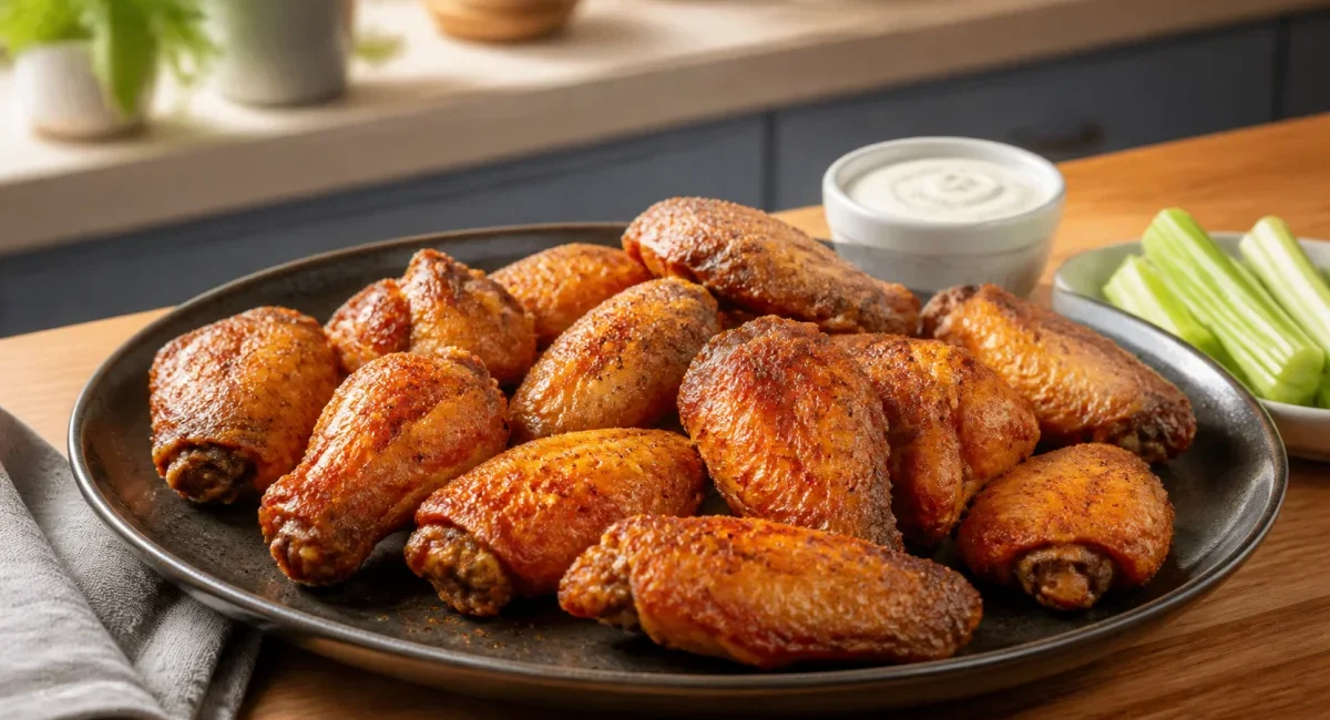 Crispy air fryer chicken wings with celery and dipping sauce