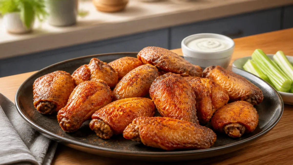 Crispy paprika garlic air fryer chicken wings with celery and dipping sauce