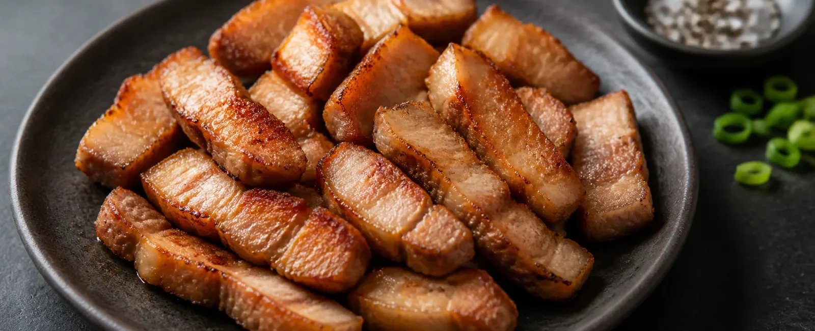 Golden crisp air fryer pork belly pieces on a dark ceramic plate