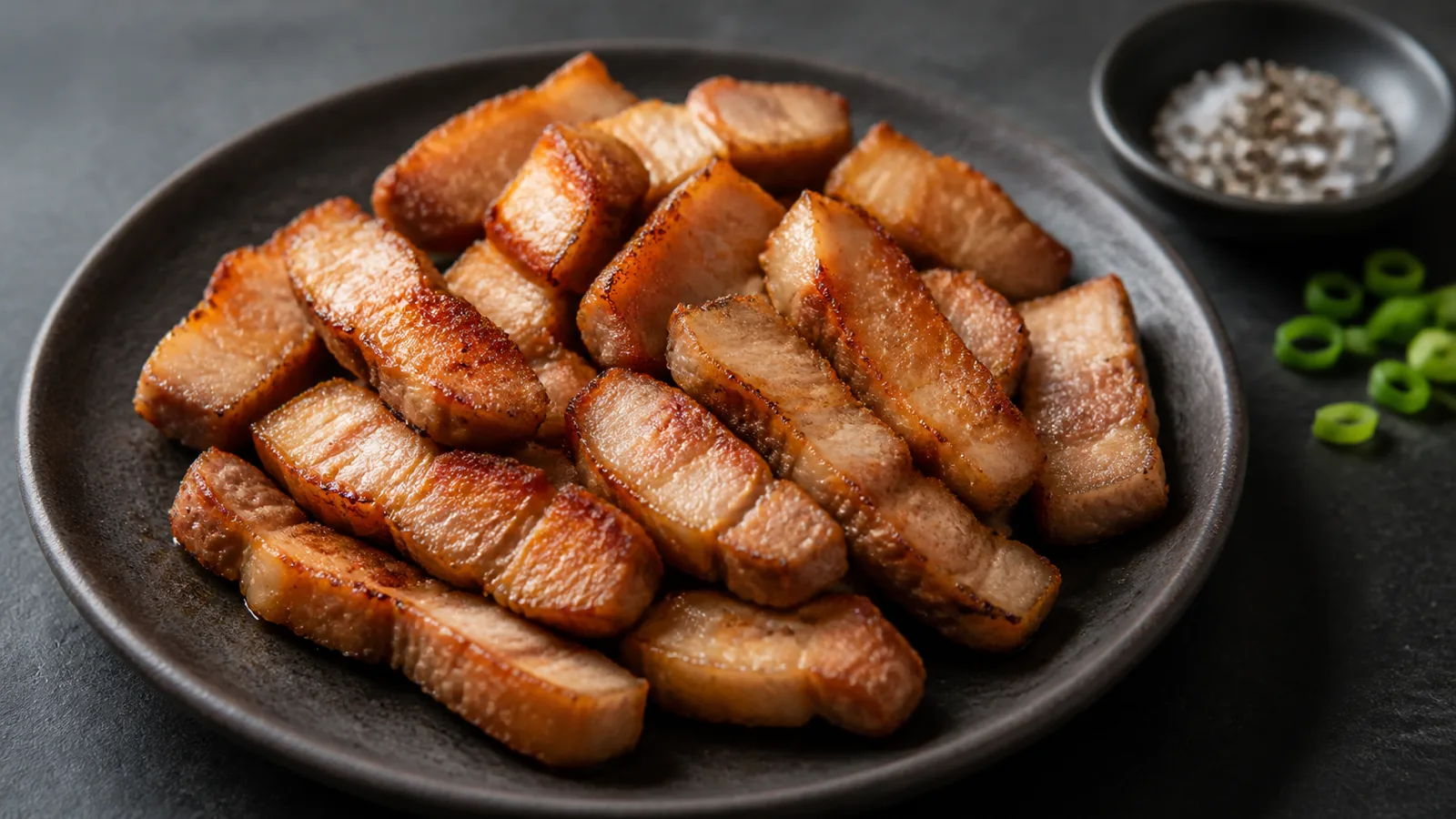 Golden crisp air fryer pork belly pieces on a dark ceramic plate