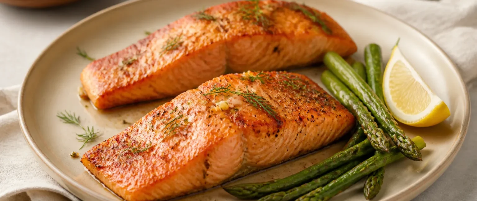 Air fryer salmon fillets with lemon and asparagus