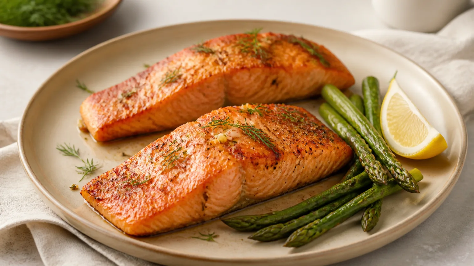 golden air fryer salmon fillets served with lemon and asparagus