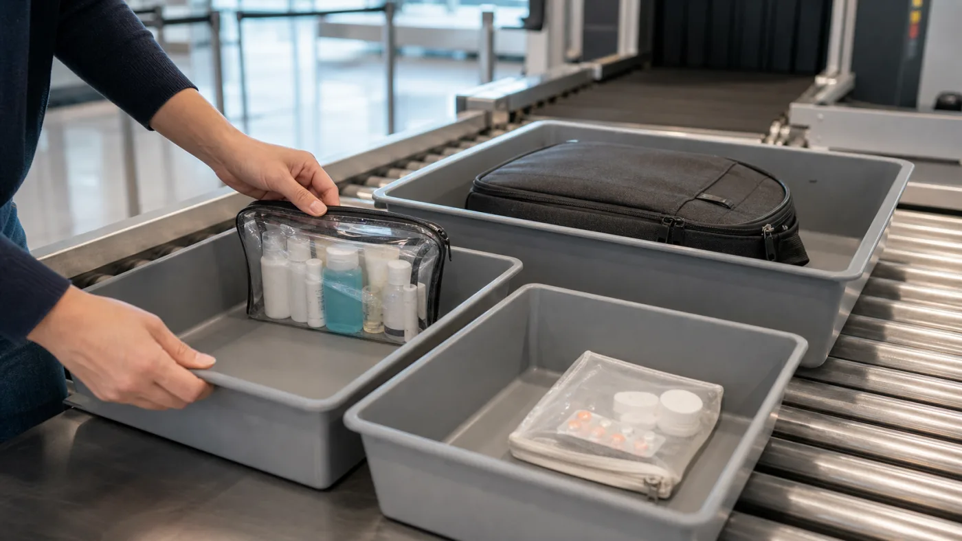 Traveler separating a carry-on bag, clear liquids pouch, portable charger, and medication pouch into airport screening trays