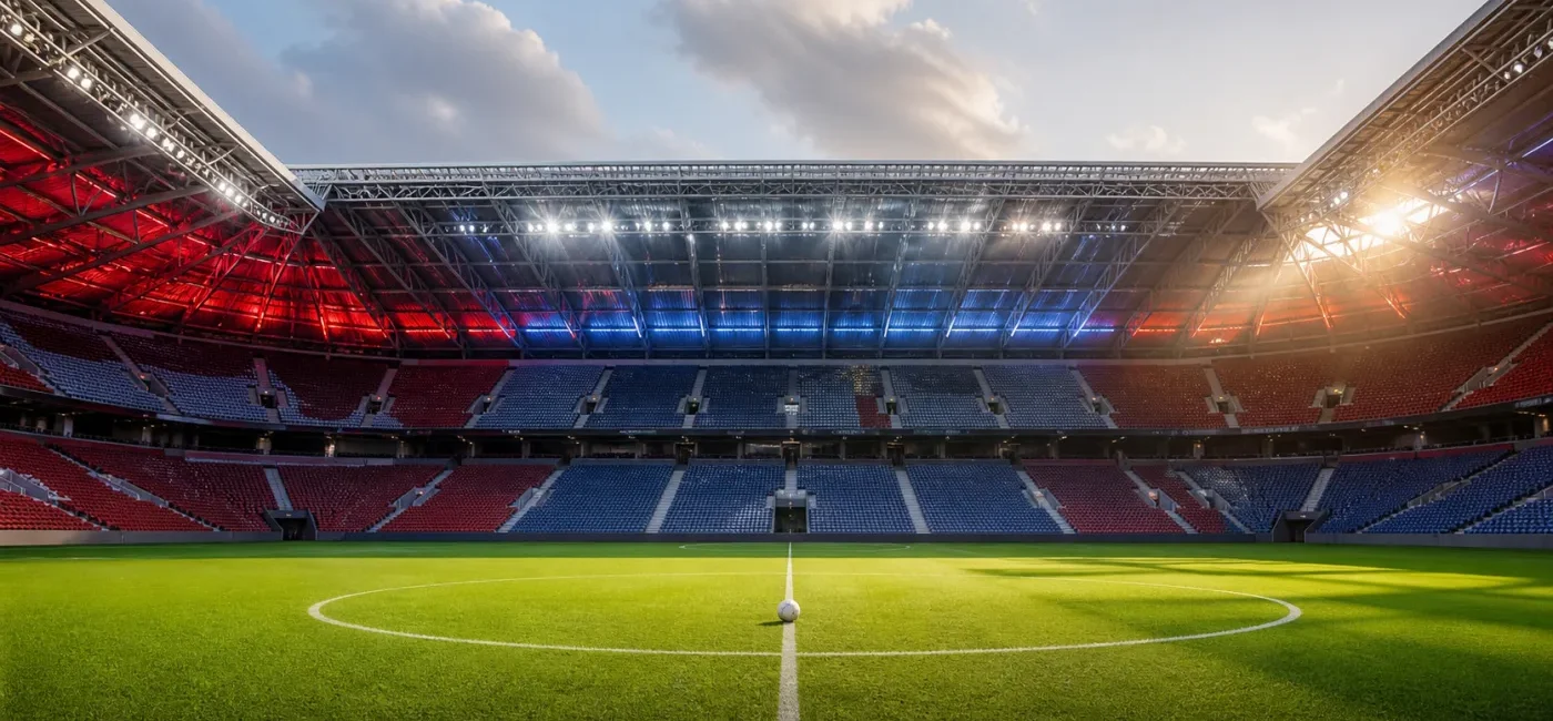 Football stadium illustration evoking the 2026 Community Shield in Cardiff
