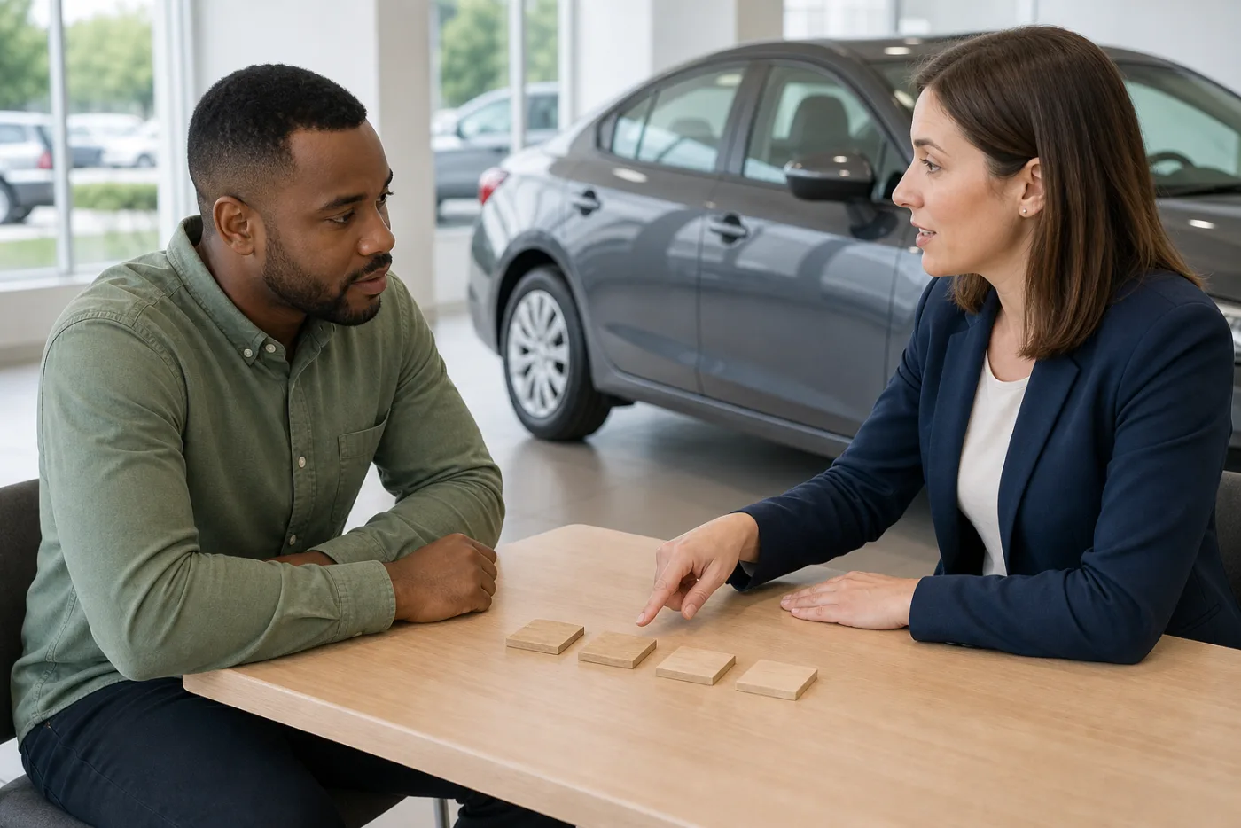 A car buyer calmly reviewing financing components with a representative