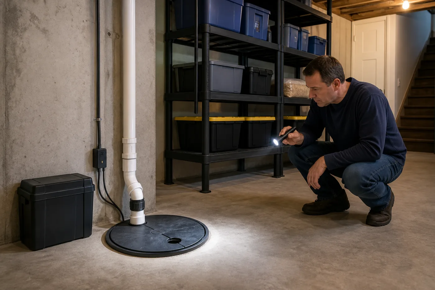 Homeowner inspecting a basement sump pump beside storage bins raised above the floor