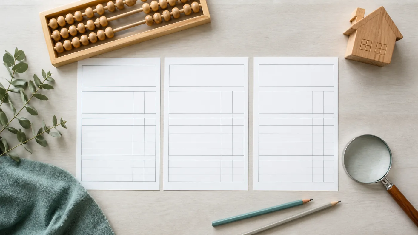 Three blank loan comparison sheets arranged beside a wooden house model