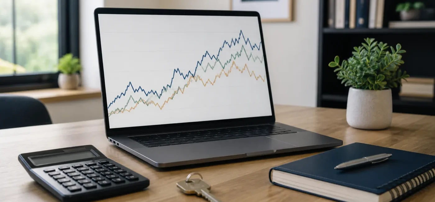 Home-finance desk with an abstract bond-market chart and mortgage-planning tools