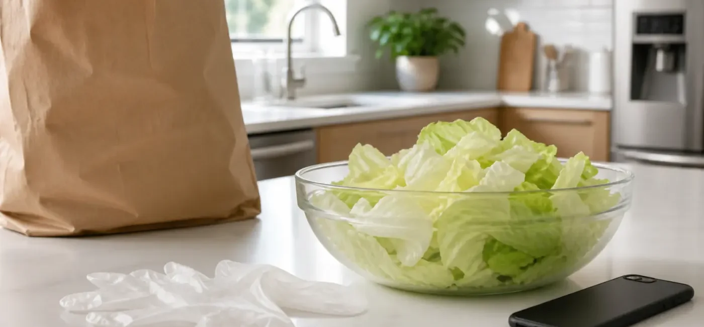 Iceberg lettuce set aside for an official outbreak and recall check in a home kitchen