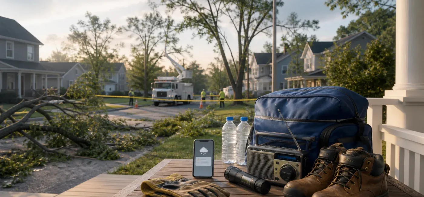 Safety gear beside a controlled street after a Delaware tornado