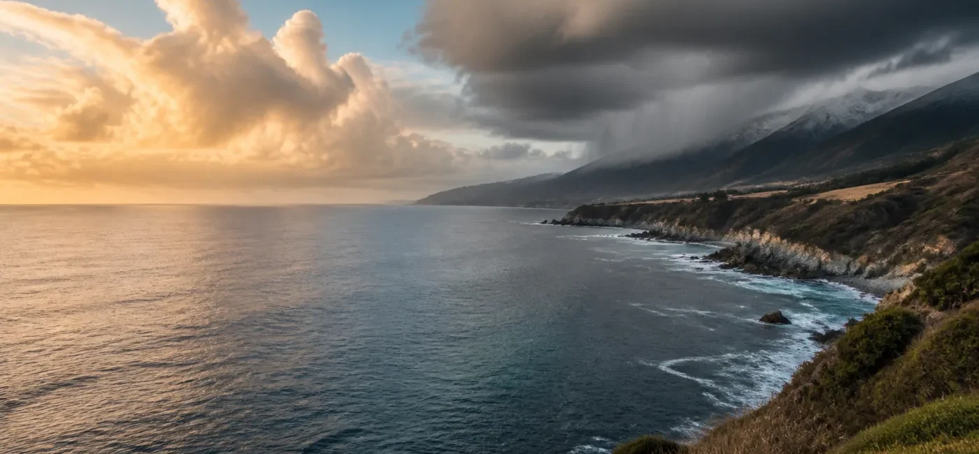 Pacific coast under changing clouds representing a strengthening El Niño and U.S. winter storms