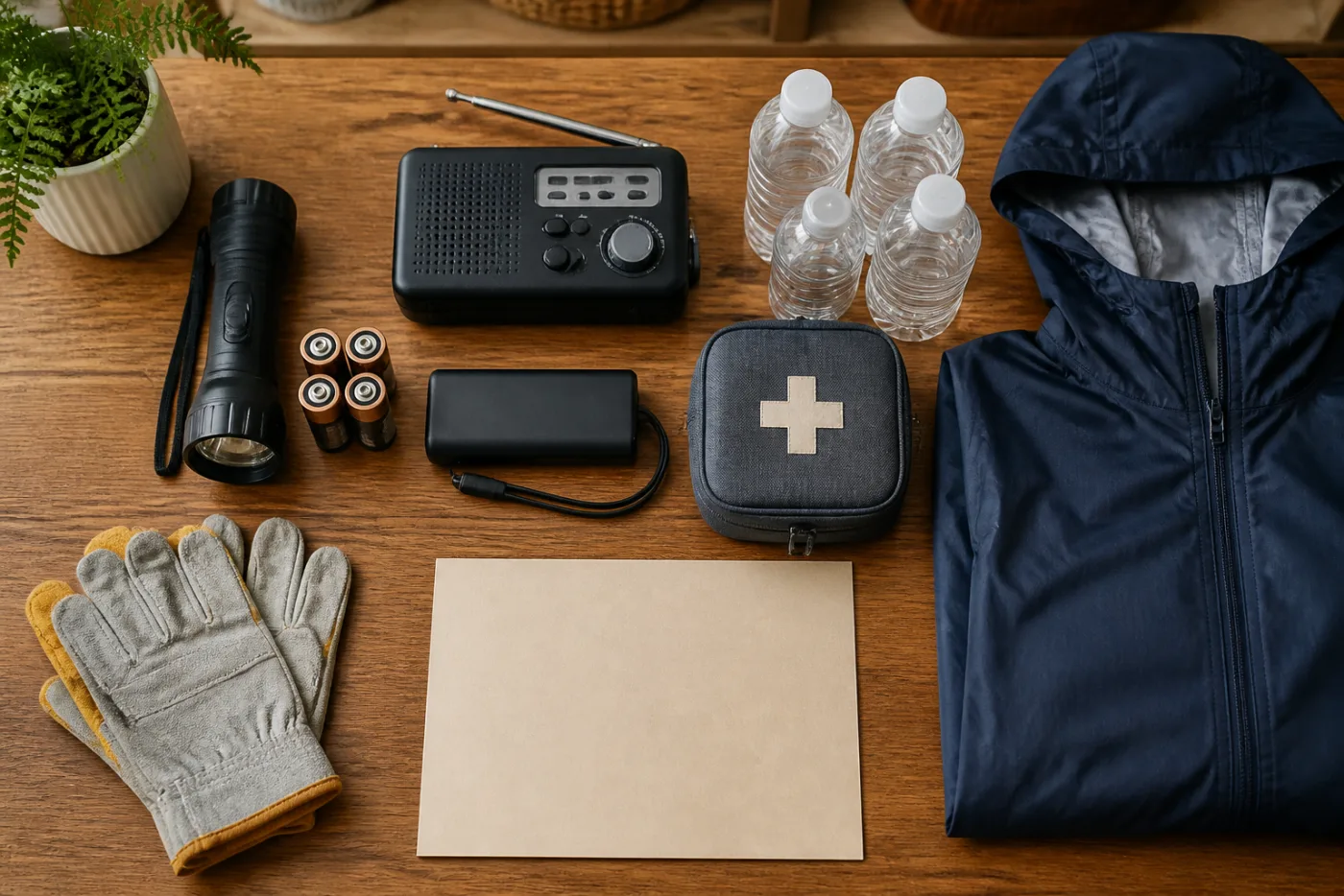 Flashlight radio water first-aid supplies rain jacket and gloves organized for El Niño winter outages