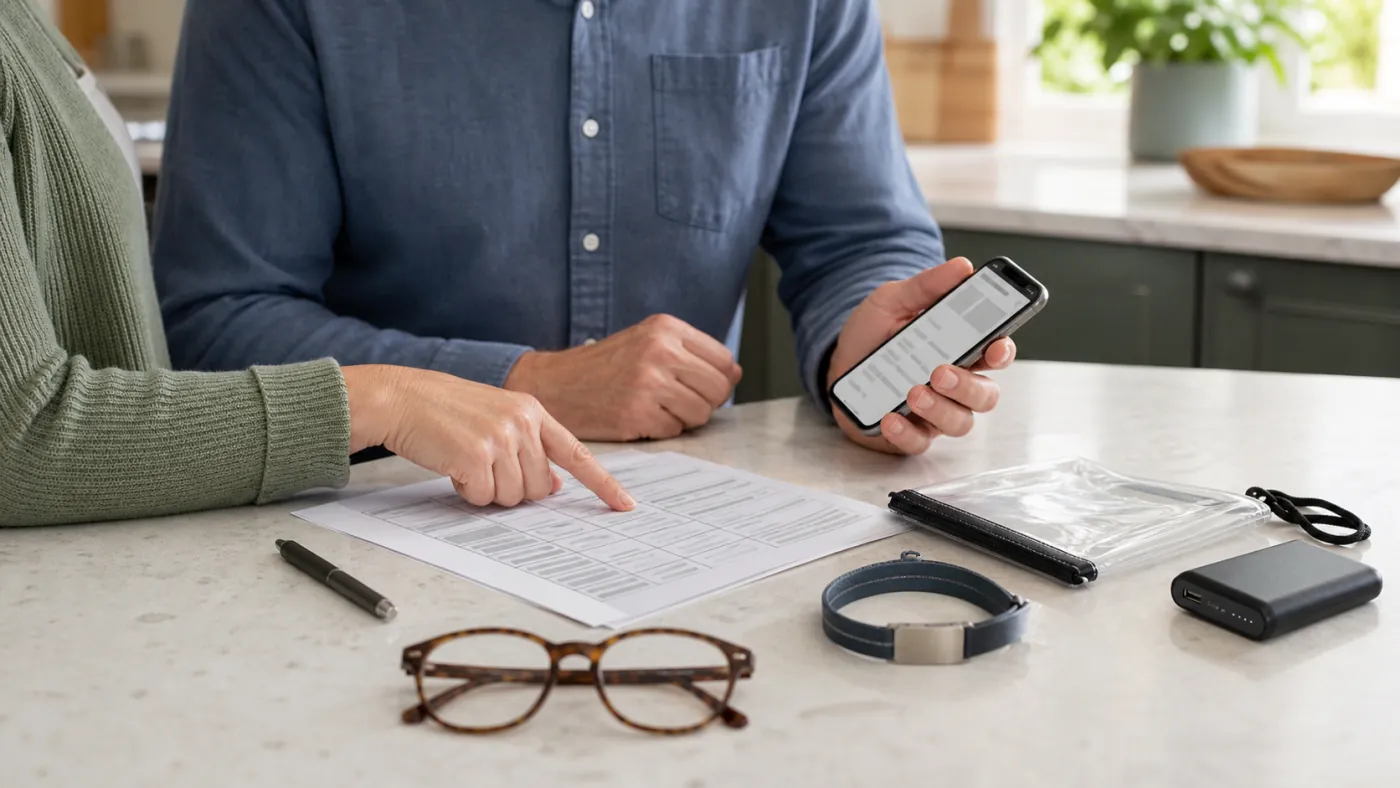 Reviewing an emergency medical information checklist on paper and a phone