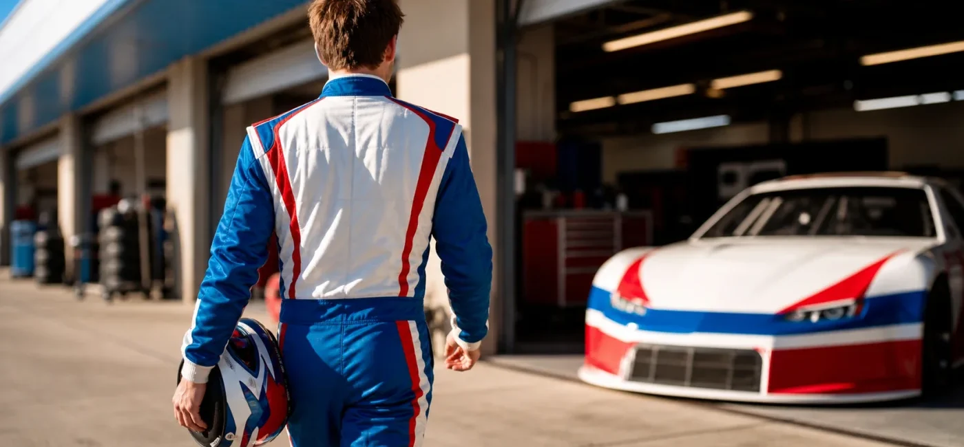 Young stock-car driver entering a new team garage