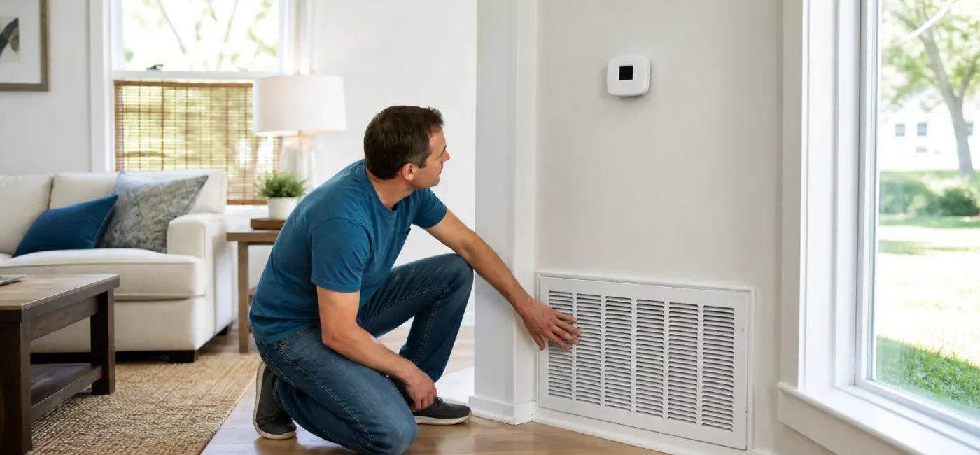 Homeowner checking an HVAC return vent and thermostat before extreme heat