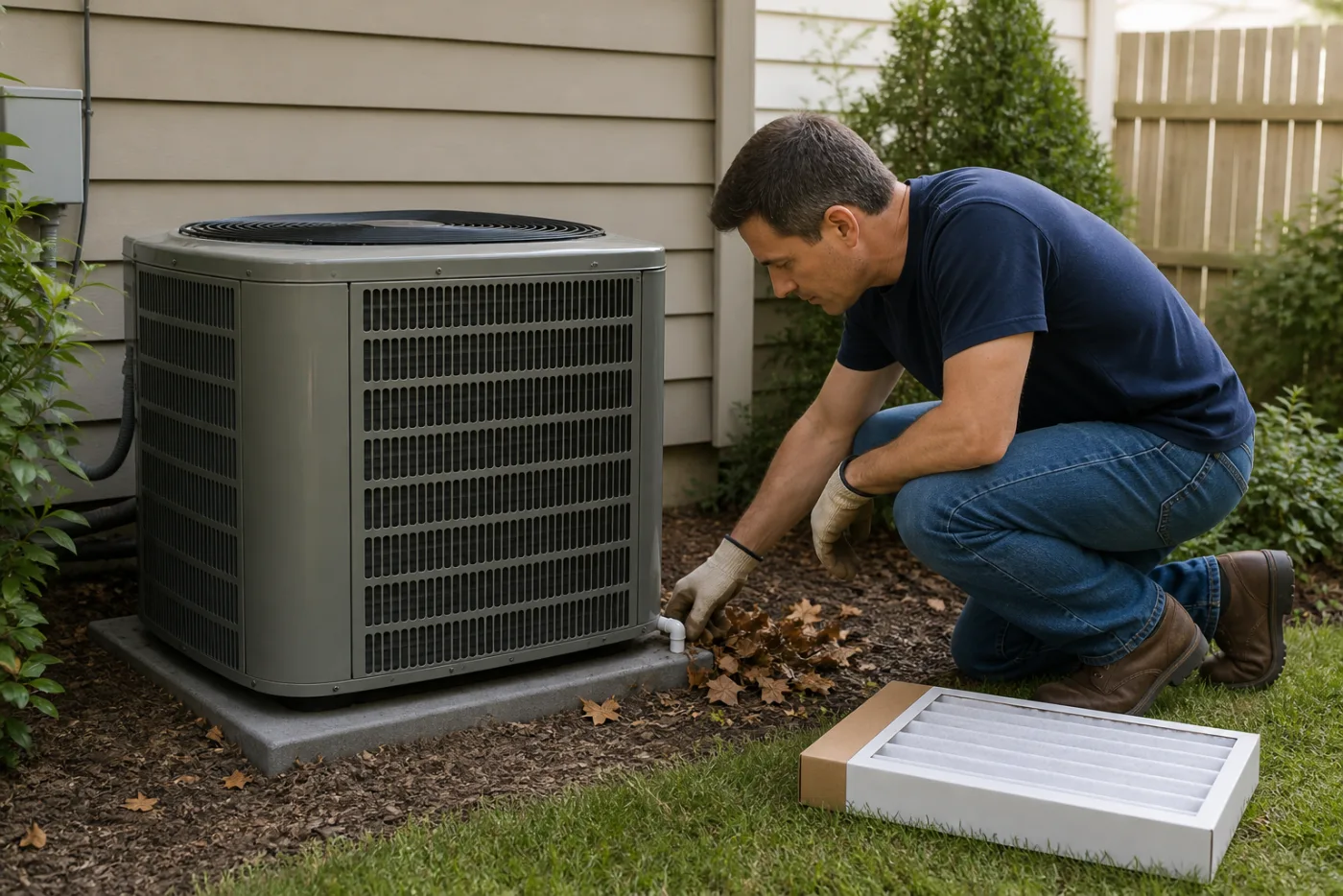 Homeowner safely clearing leaves and obstructions around an outdoor AC condenser