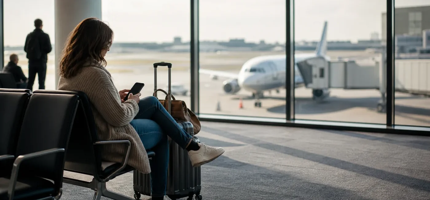 Traveler seated beside carry-on luggage checking flight delay information at an airport window