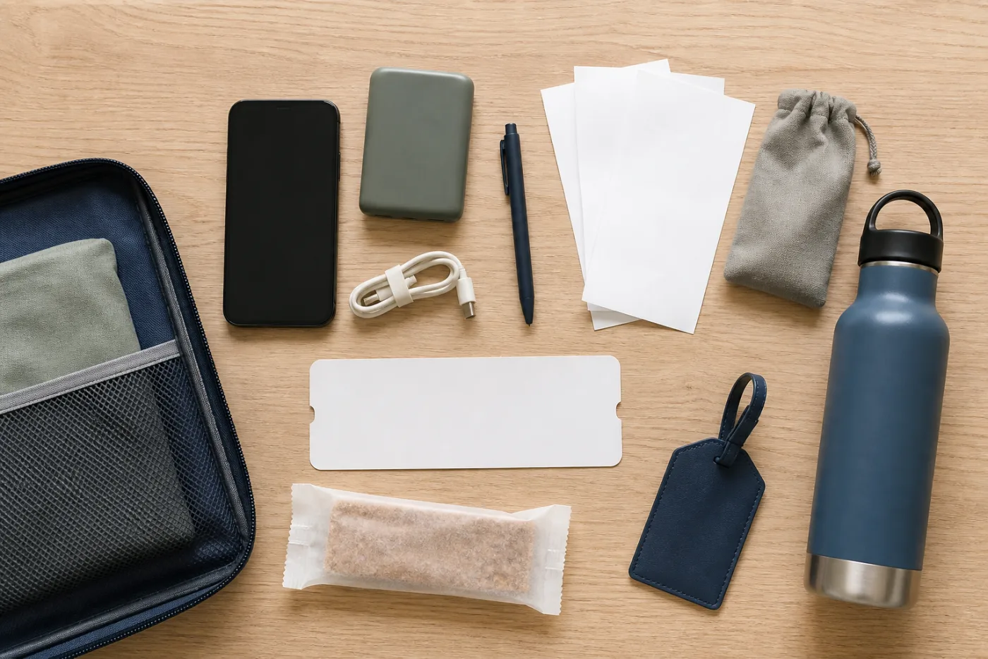 Travel disruption essentials arranged with a phone charger and tools for saving receipts