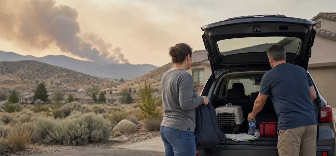 Family loading an emergency bag and pet carrier into a vehicle while preparing for the Hawk Fire near Reno