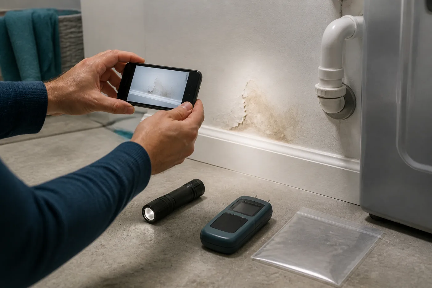 Photographing water damage on a wall for an insurance claim review