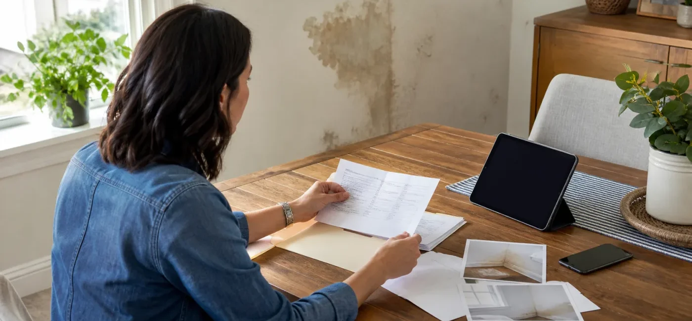 Homeowner reviewing a claim decision and home damage photos