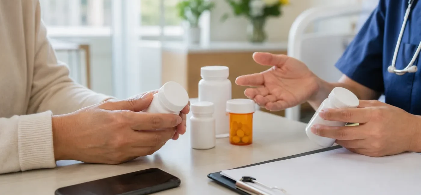 Patient and clinician comparing existing medicine bottles with a hospital discharge plan