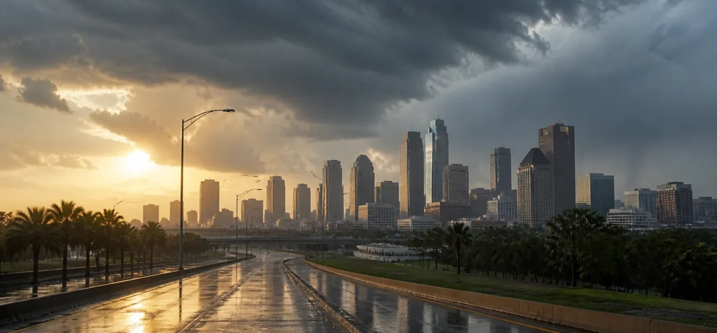 Wet roadway and Houston-area skyline beneath storm clouds and hot sunlight