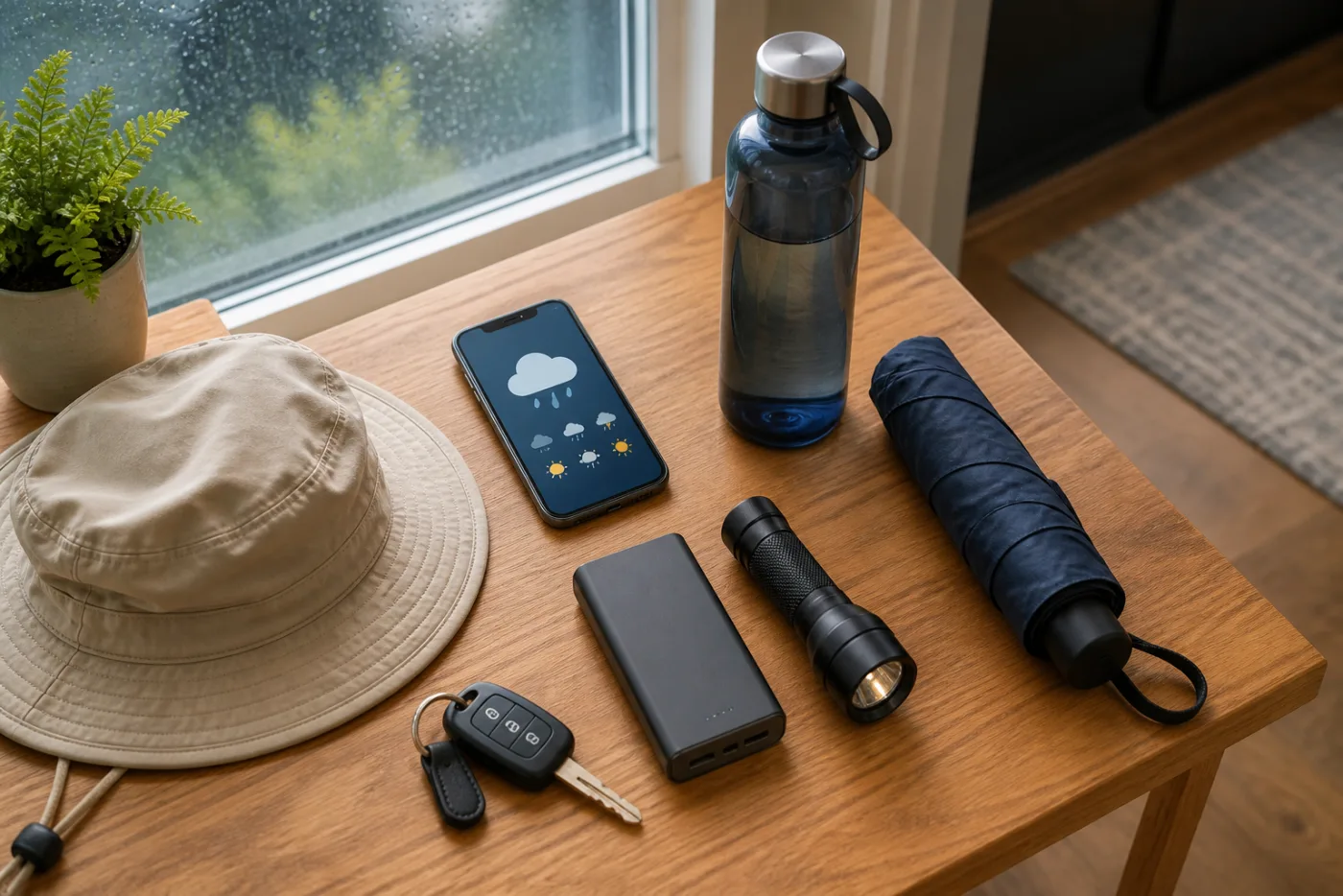 Table with water bottle hat umbrella flashlight power bank and weather alerts