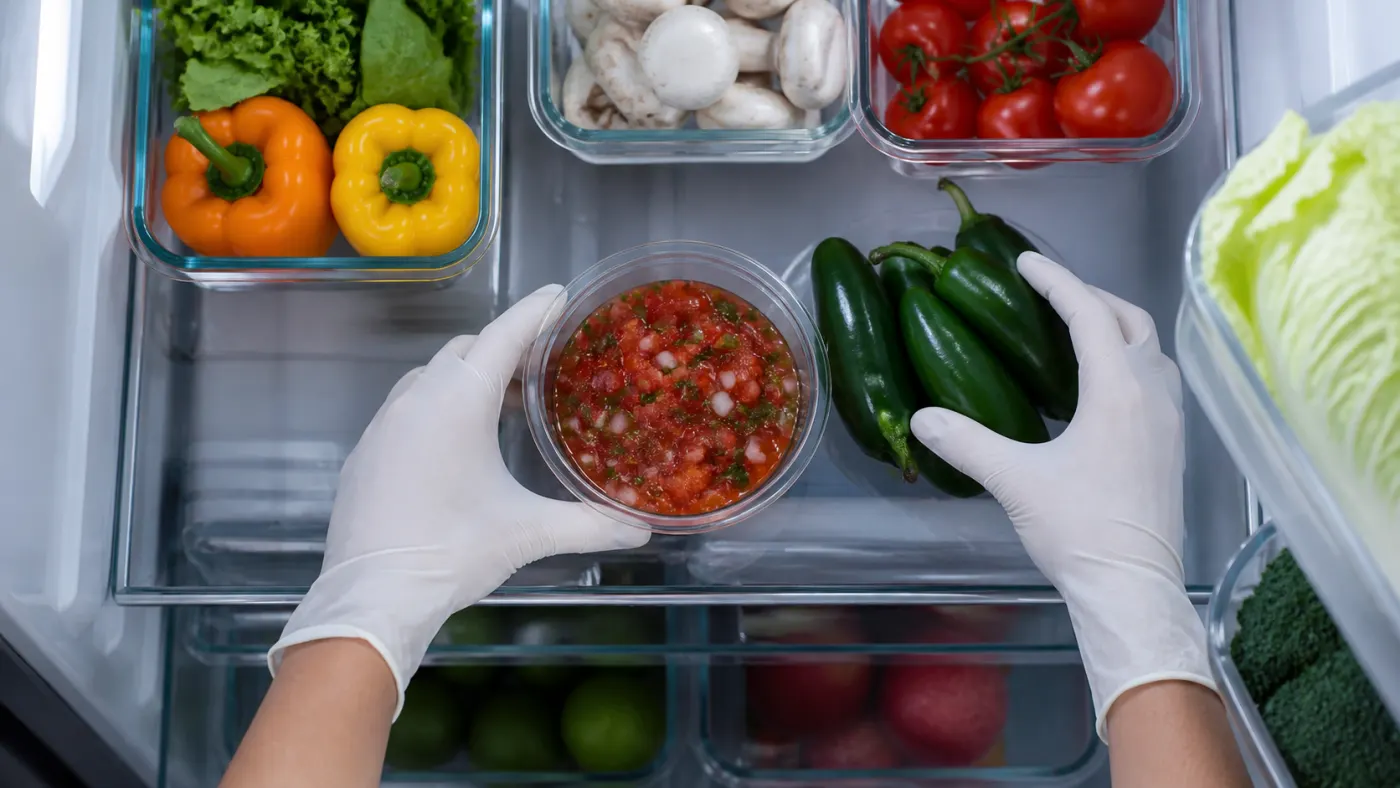 Gloved hands separating salsa and fresh jalapeños for an official recall check