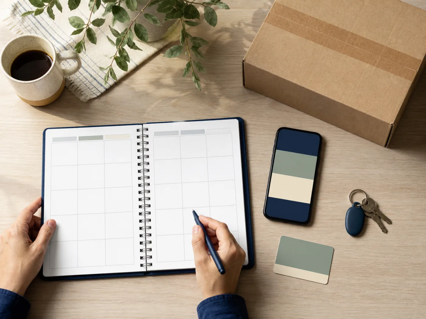 Checking mail, banking and transportation plans in a blank planner before Labor Day