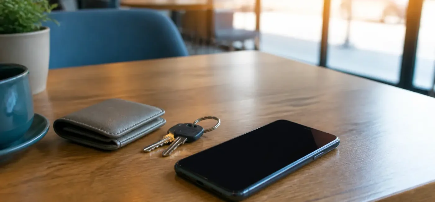 A misplaced smartphone and personal items on a café table