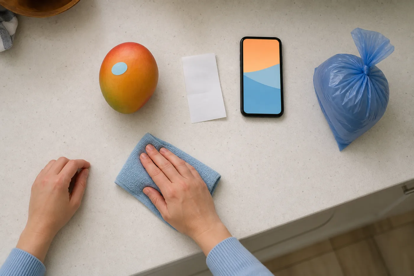 Checking a recalled mango sticker and purchase record before cleaning the kitchen counter