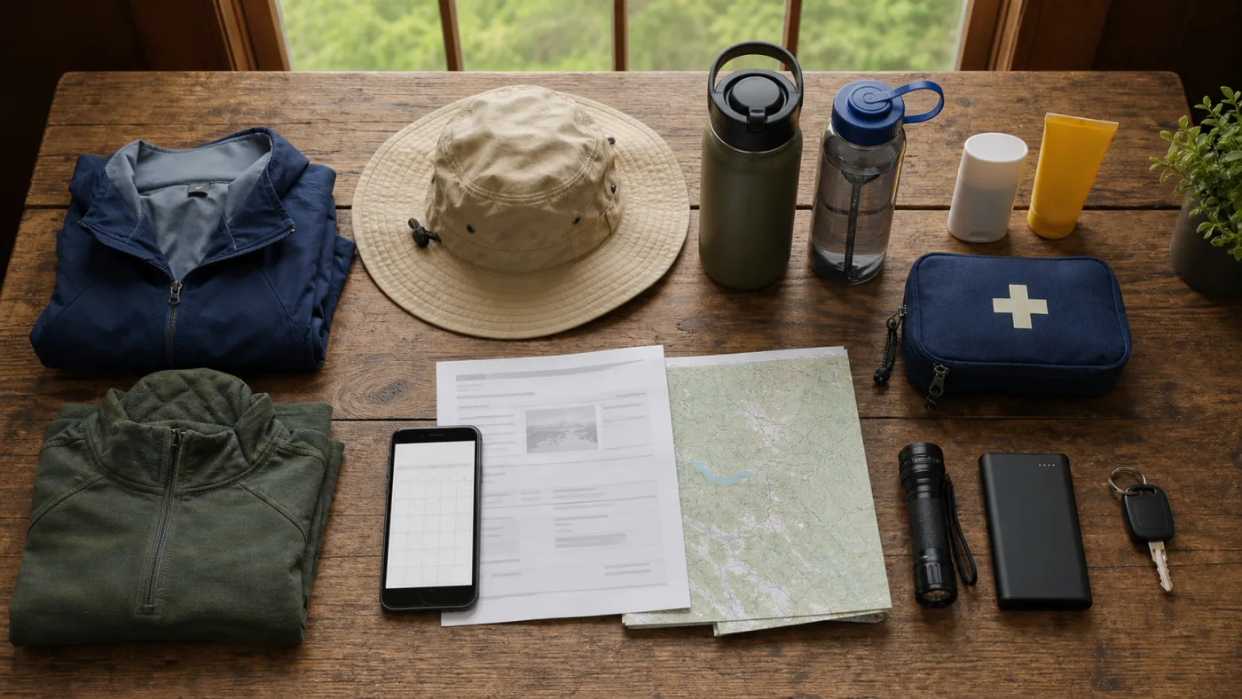 National park trip gear including a reservation map water and first-aid supplies