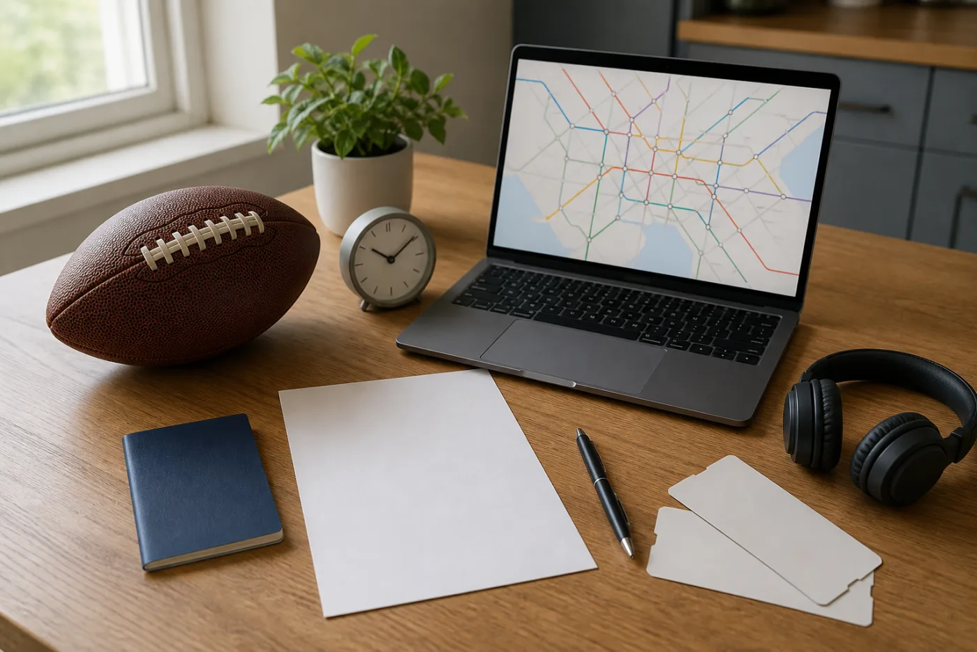 해외 NFL 경기 여행을 준비하는 미식축구공과 노트북, 빈 일정표
