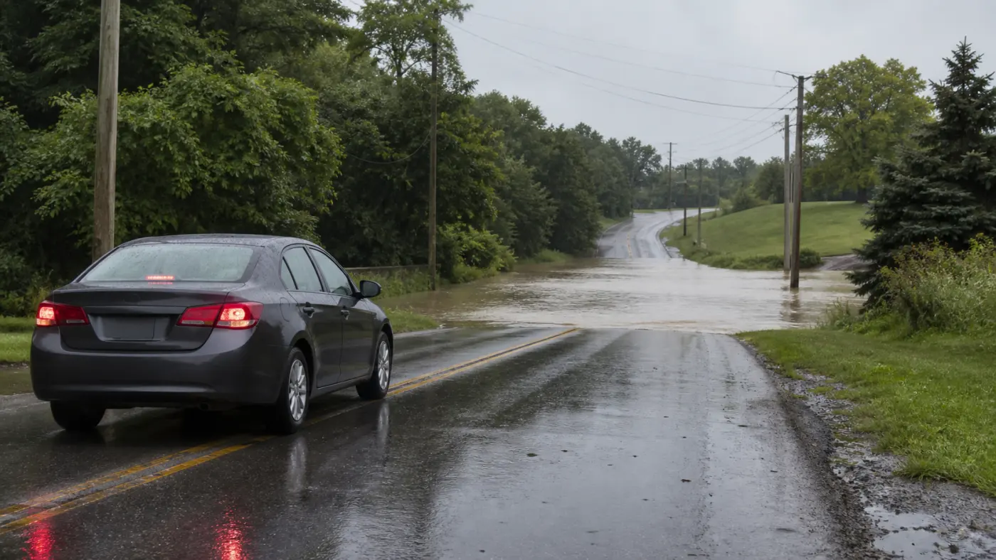A car stopped well before rainwater crossing a roadway and preparing to turn around