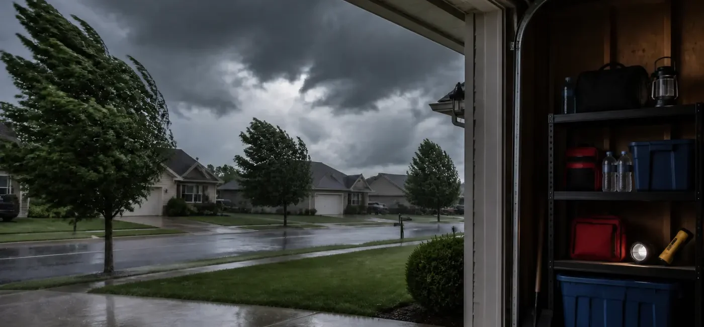 Emergency supplies in a garage as wind and rain approach a Northeast Ohio neighborhood