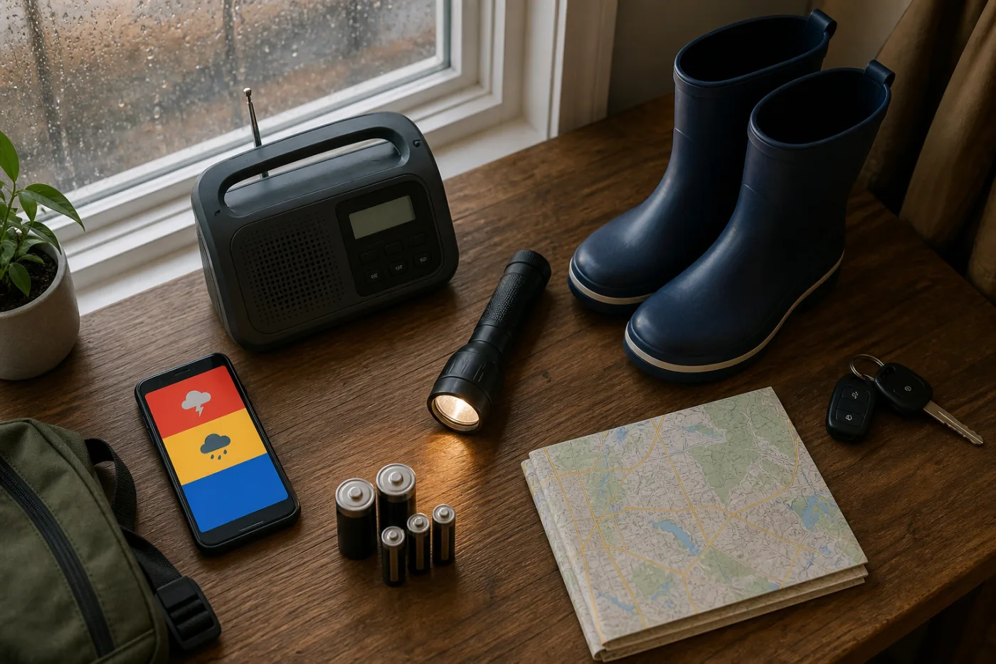 Phone alerts radio flashlight and rain boots prepared for thunderstorms and flash flooding