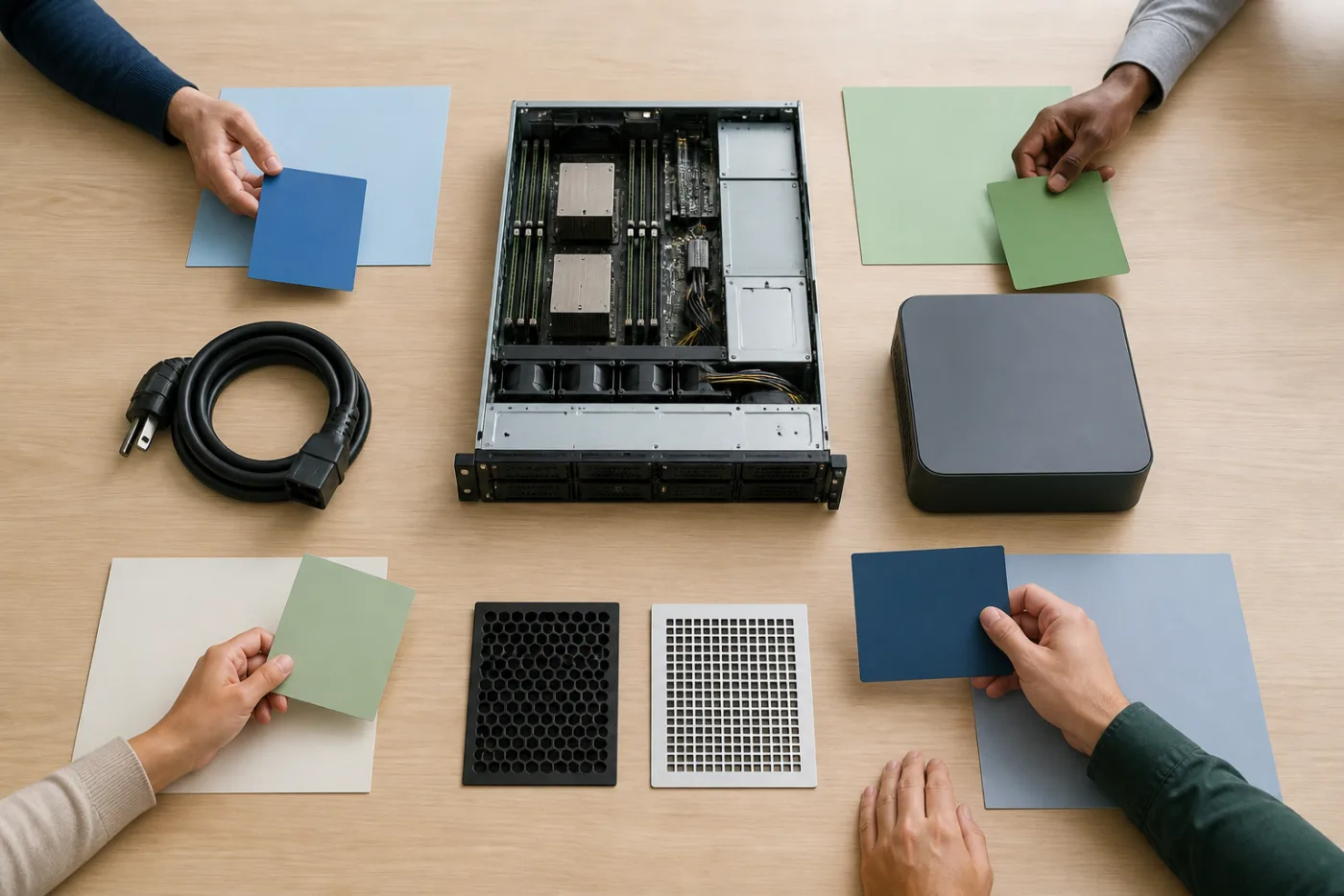 Team comparing an AI server with power and cooling requirements at a meeting table