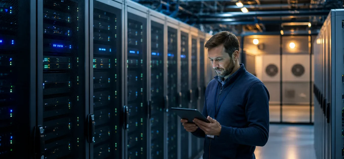 Manager reviewing AI computing capacity and operating conditions in a data center