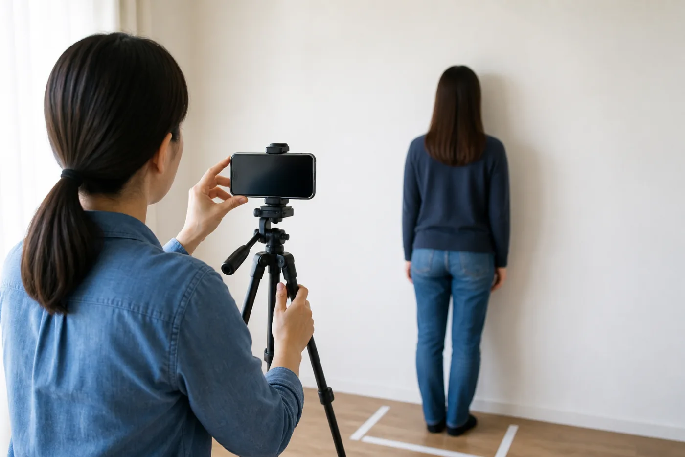Taking a digital passport photo against a plain wall
