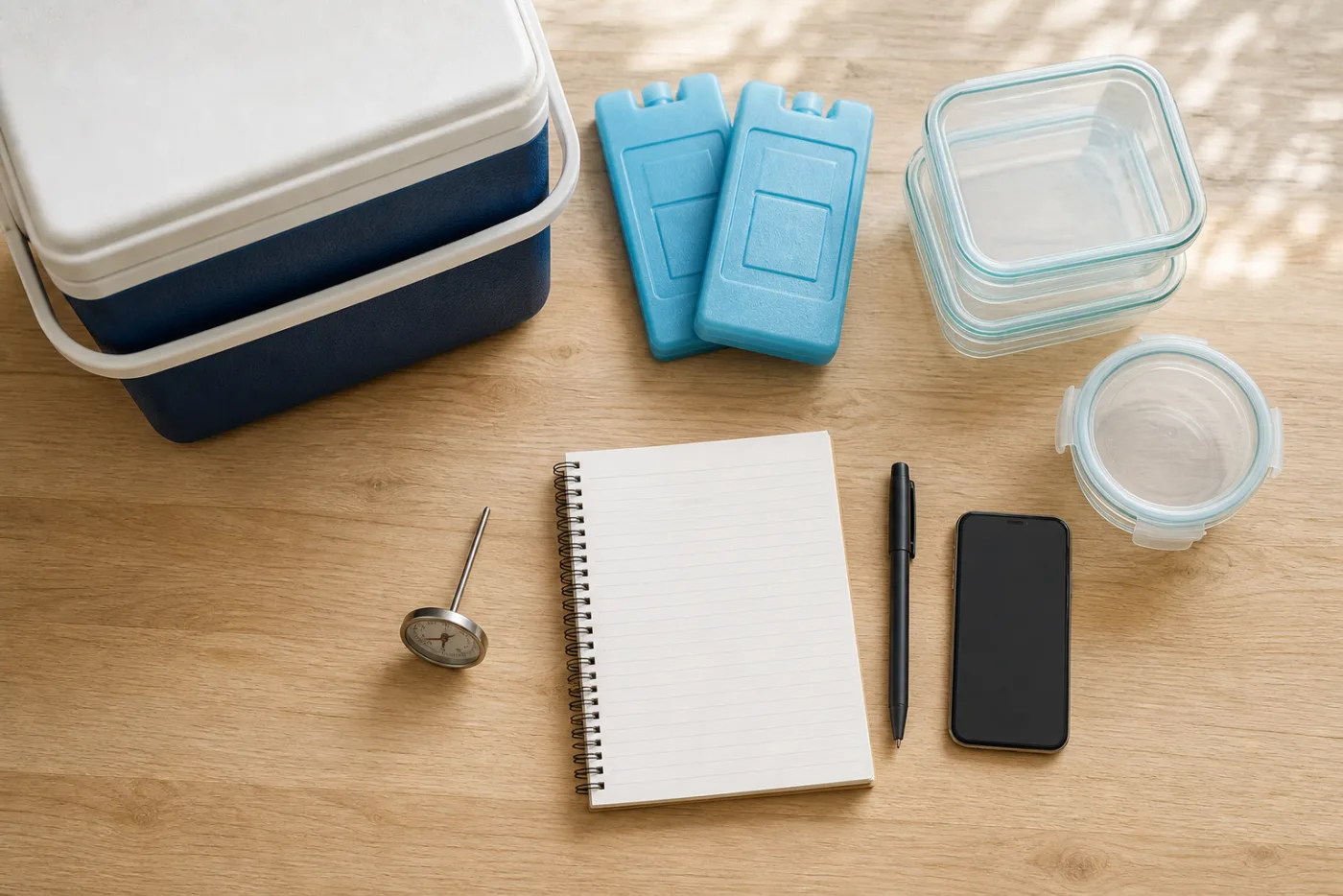 Cooler, ice packs, food thermometer, and checklist ready for a power outage