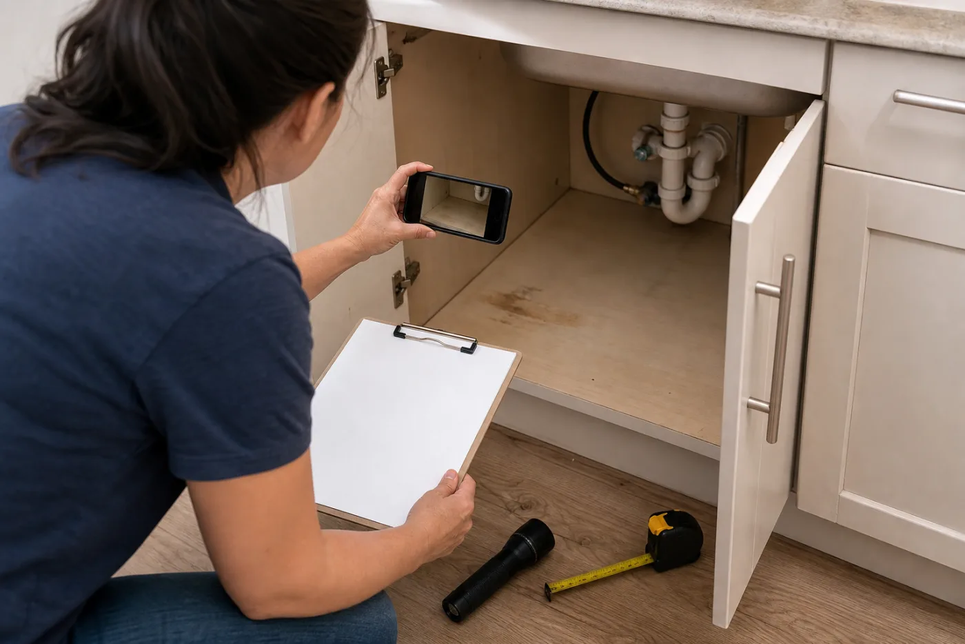 Renter documenting a possible leak under a new apartment kitchen sink with a phone and inspection checklist