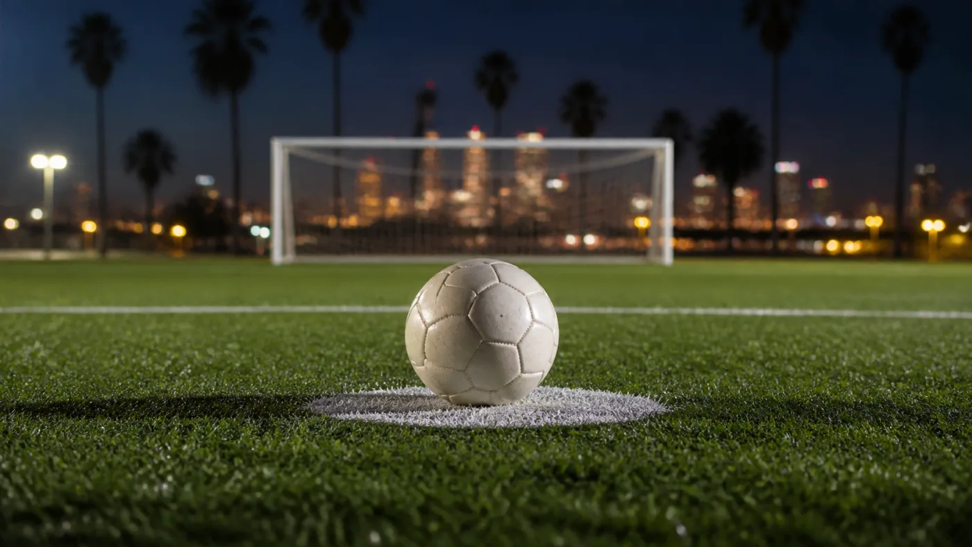 Football on the penalty spot symbolizing the late San Diego FC versus LAFC penalty