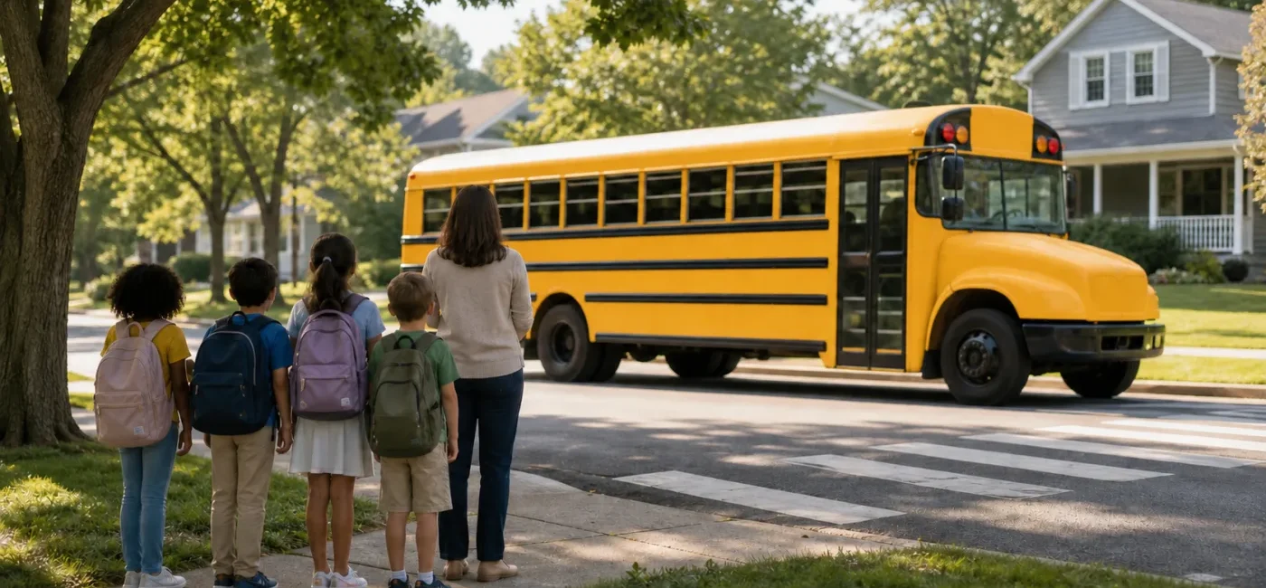 Children waiting safely back from the curb with an adult as a school bus approaches