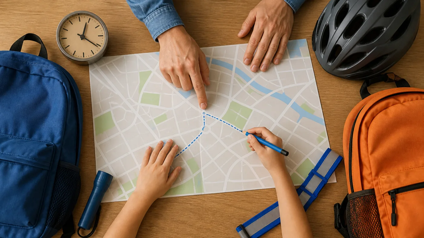 A family planning a safer school route together with a map and bicycle helmet