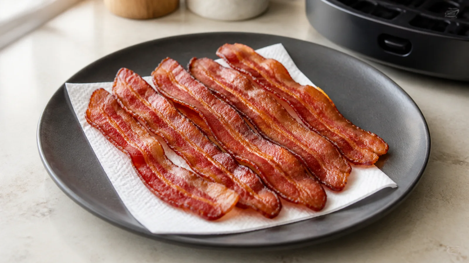 Crispy air fryer bacon on a paper-towel-lined plate