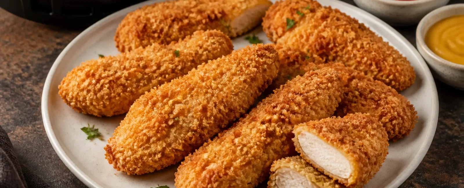 Crispy air fryer chicken tenders with honey mustard and ketchup